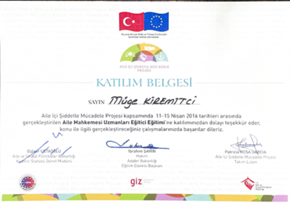 Aile Mahkemesi Uzmanları Eğitici Eğitim Katılım Belgesi